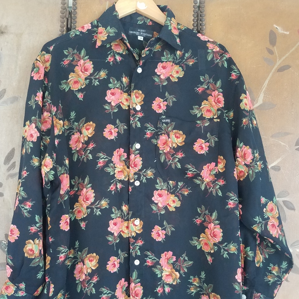 80s black sheer rose print blouse by Guess by Georges marciano